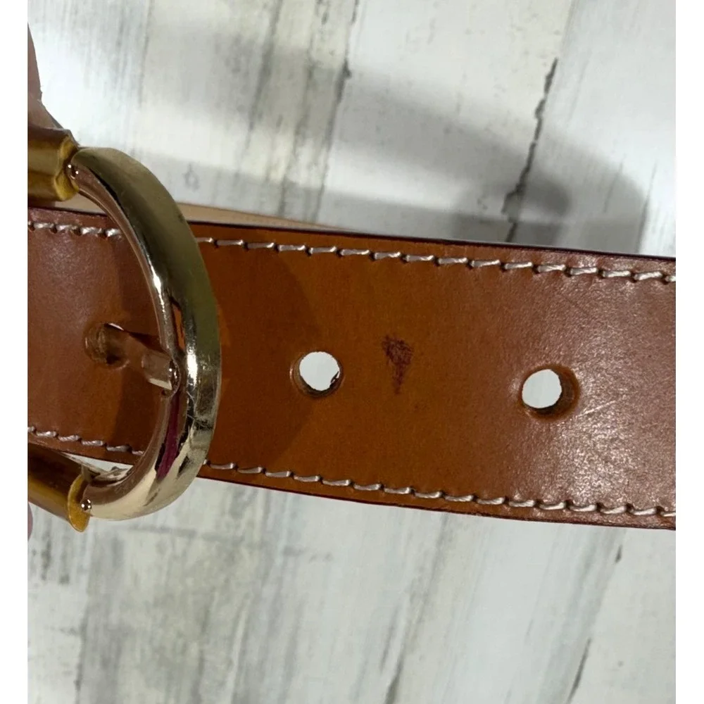 J McLaughlin Belt Large Brown Bamboo Gold Buckle Preppy Neutral Designer READ